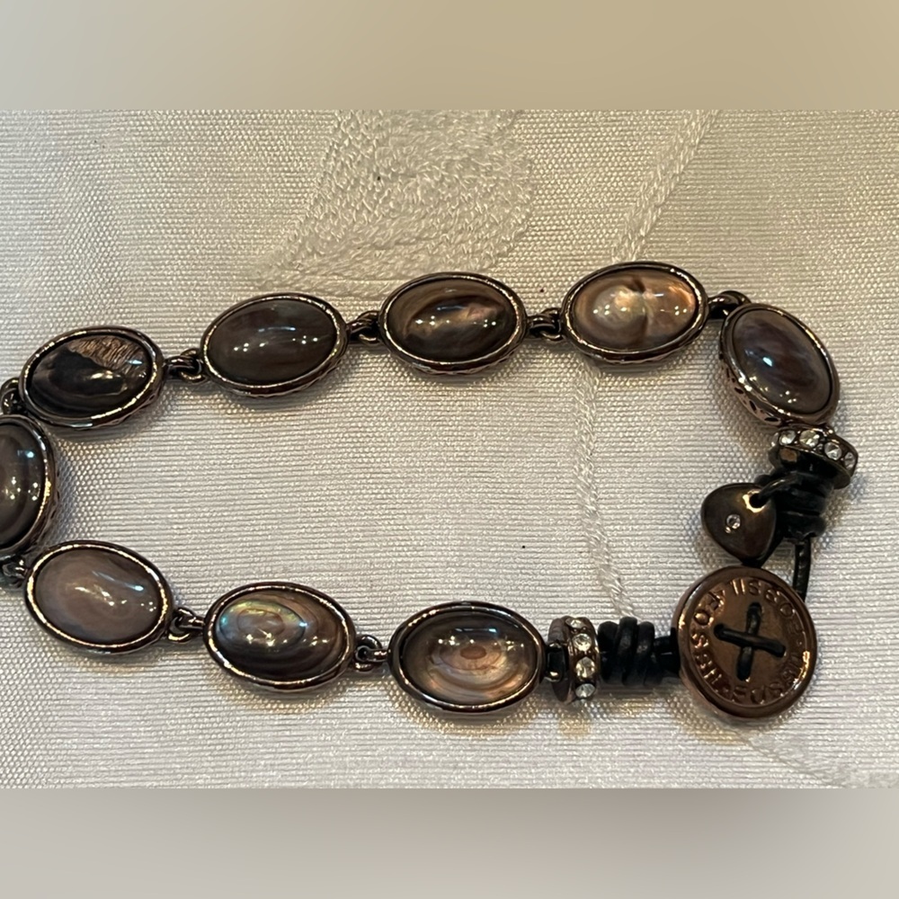 Fossil Bronzetone, Oval Real Stone & CZ Bead Bracelet w/ earrings - Picture 2 of 6